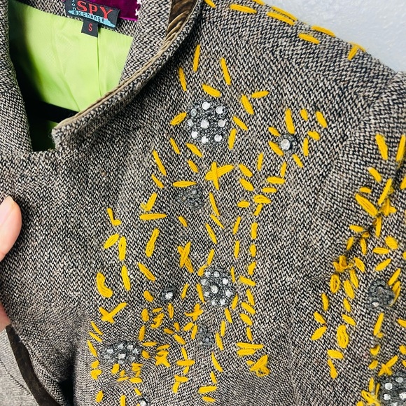 Spy Zone Exchange Wool Blend Brown Tan Velvet Embroidered Blazer Coat - Picture 7 of 12